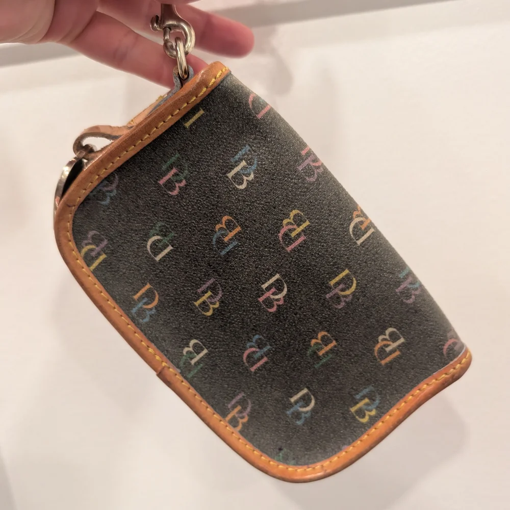 DOONEY & BOURKE Multicolor Monogram Wristlet Mini Bag with Brown Leather Strap